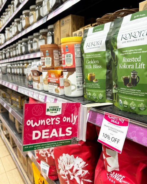 Shop, Cup, Indoors. Text: 3 LIFE REGENERATED SAVE Roasted Golden Milk Bliss Kokora Lift (120g) COMMON GLUTEN MARKET owners only owners only DEALS ORGANIC