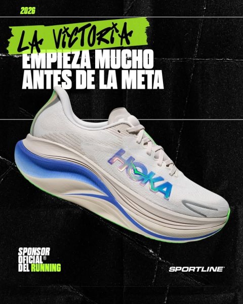 Shoe, Sneaker, Running Shoe. Text: 2026 EMPIEZA MUCHO ANTES DE LA META HOKA SPONSOR OFICIAL DEL RUNNING SPORTLINE