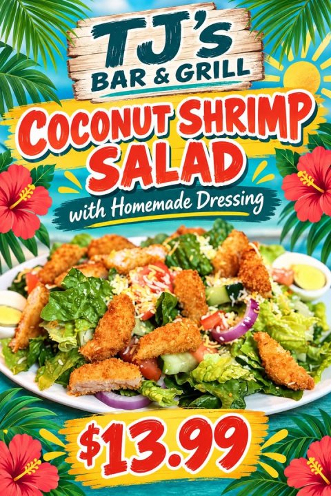 Lunch, Advertisement, Poster. Text: TJ's COCONUT SHRIMP SALAD with Homemade Dressing $13.99