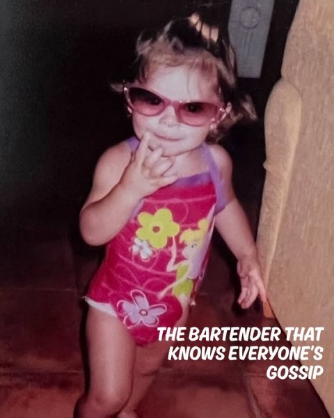 Sunglasses, Photography, Portrait. Text: THE BARTENDER THAT KNOWS EVERYONE'S GOSSIP