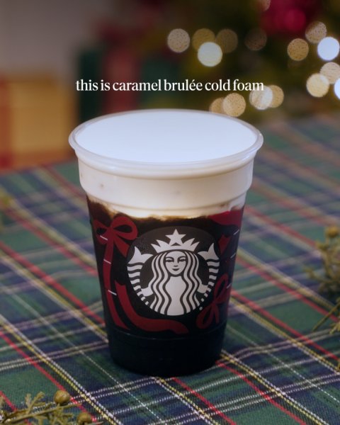 Cup, Disposable Cup, Beverage. Text: this is caramel brulée cold foam