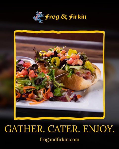 Lunch, Advertisement, Poster. Text: GATHER. CATER. ENJOY. frogandfirkin.com