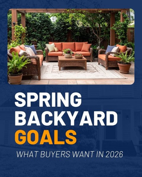Backyard, Porch, Plant. Text: SPRING BACKYARD GOALS WHAT BUYERS WANT IN 2026