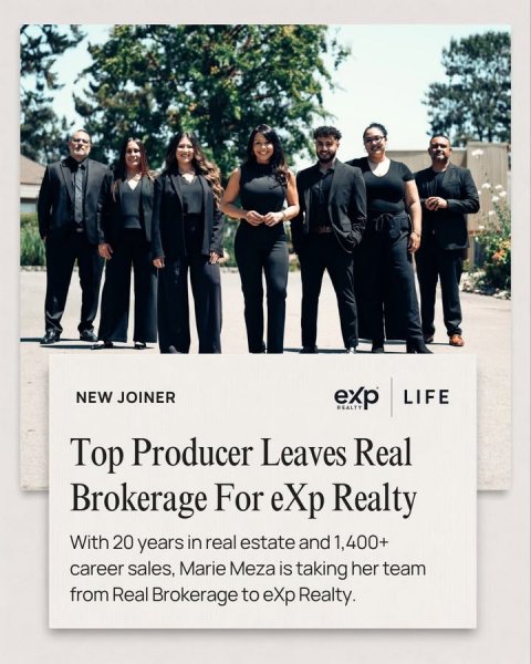 Suit, People, Advertisement. Text: NEW JOINER LIFE Top Producer Leaves Real Brokerage For eXp Realty With 20 years in real estate and 1,400+ career sales, Marie Meza is taking her team from Real Brokerage to eXp Realty.