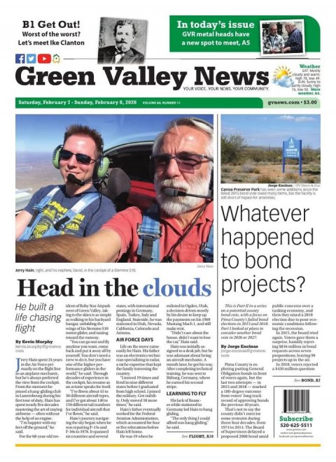 Newspaper, Man, Person. Text: B1 Get Out! In today's issue Worst of the worst? GVR metal heads have Let's meet like Clanton a new spot to meet, A5 f Weather Green Valley YOUR News VOICE YOUR NEWS YOUR COMMUNITY Whatever happened Jerry