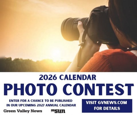 Photography, Person, Woman. Text: 2026 CALENDAR PHOTO CONTEST ENTER FOR A CHANCE TO BE PUBLISHED VISIT GVNEWS.COM IN OUR UPCOMING 2027 ANNUAL CALENDAR FOR DETAILS Green Valley News sun
