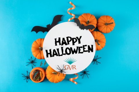 Snowman, Pumpkin, Festival. Text: HAPPY HALLOWEEN GVR