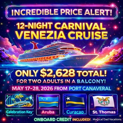Advertisement, Poster, Boat. Text: INCREDIBLE PRICE ALERT! 12-NIGHT CARNIVAL VENEZIA CRUISE ONLY $2,628 TOTAL! FOR TWO ADULTS IN A BALCONY! MAY 17-28, 2026 FROM PORT CANAVERAL Celebration Key Aruba Curacao St. Thomas ONBOARD CREDIT INCLUDED! Magical Dad Vacations