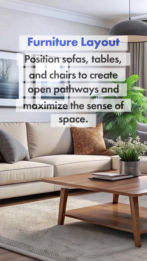 Coffee Table, Table, Home Decor. Text: Furniture Layout Position sofas, tables, and chairs to create open pathways and maximize the sense of space.