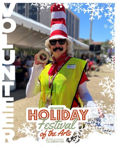 Vest, Photography, Poster. Text: Emmy ORO VALLEY HOLIDAY Festival of the Arts TREE LIGHTING CELEBRATION