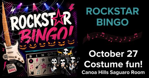 Advertisement, Poster, Guitar. Text: ROCKSTAR ROCKST R BINGO BINGO! October 27 Costume fun! Canoa Hills Saguaro Room