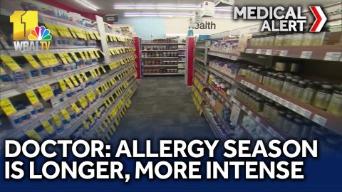 Shop, Indoors, Sweets. Text: MEDICAL 11 ealth ALERT WBALTV DOCTOR: ALLERGY SEASON IS LONGER, MORE INTENSE