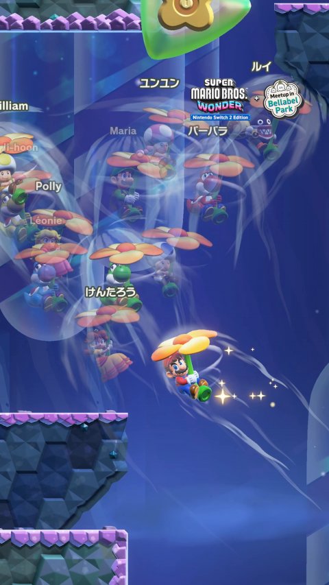 Water, Person, Aquarium. Text: SUPER MARIO BROS. illiam WONDER Bellabel Park Nintendo Switch 2 Edition Maria Polly Léonie