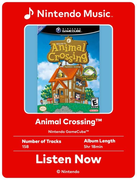 Advertisement, Poster, Person. Text: NINTENDO ONLY FOR GAMECUBE. Animal Welcome to Crossing INCLUDED E Animal Crossing TM Nintendo GameCube Number of Tracks Album Length 158 5hr 18min Listen Now © Nintendo