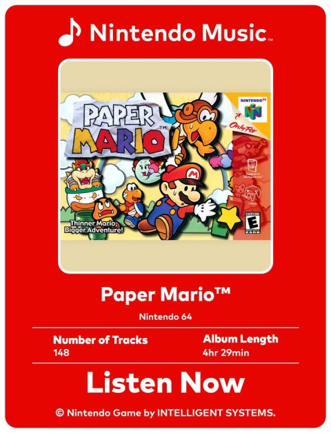 Advertisement, Poster, Person. Text: PAPER OnlyFor TM MARIO M E Bigger Adventure! Nintendo 64 Number of Tracks Album Length 148 4hr 29min Listen Now © Nintendo Game by INTELLIGENT SYSTEMS.