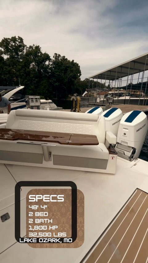 Yacht, Person, Car. Text: SPECS 2 BED 2 BATH 1,800 HP 32,500 LBS LAKE OZARK, MO