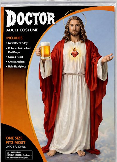 Fashion, Beer, Costume. Text: DOCTOR ADULT COSTUME INCLUDES: New Beer Friday Robe with Attached Red Drape Sacred Heart Chest Emblem Halo Headpiece ONE SIZE FITS MOST UP TO 6 ft, 200 lbs. Not for children under 3 years