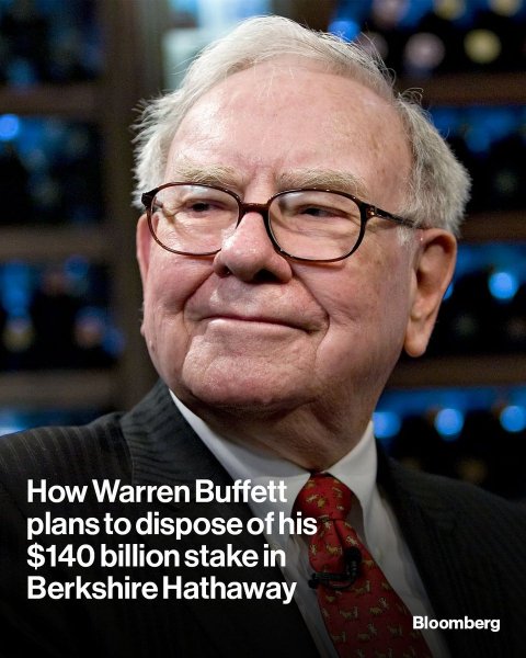 Tie, Photography, Portrait. Text: How Warren Buffett plans to dispose of his $140 billion stake in Berkshire Hathaway Bloomberg