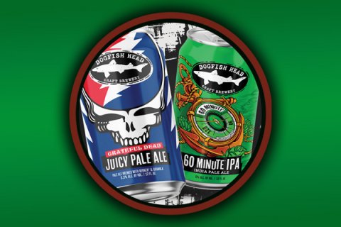 Beer, Lager, Tin. Text: DOGFISH HEAD DOGFISH HEAD GRATEFUL DEAD 60 MINUTE IPA JUICY PALE ALE INDIA PALE ALE