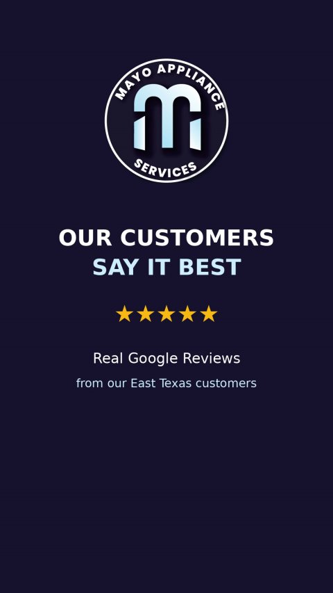 Advertisement, Poster, Logo. Text: MAYO m APPLIANCE SERVICES OUR CUSTOMERS SAY IT BEST Real Google Reviews from our East Texas customers