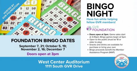 Advertisement, Poster, Text. Text: BINGO 21 BINGO 5 12 50 32 14 72 44 81 HOSTED BY 62 4 1 NIGHT 43 16 71 12 GVR FOUNDATION 54 FREE BINGO Have fun while helping 49 31 43 55 32 fellow GVR members! FREE 26 55 80 33 GVR 83 75 14 18 FOUNDATION 4 24 g Doors open at 3pm: Game sales start at 3:45pm Bingo gamos begin at 5pm FOUNDATION BINGO DATES Open to the public [must be 18 or older to play) Snacks and drinks are available for September 7, 21; October 5, 19; purchase
