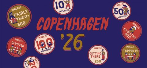 Symbol, Logo, Disk. Text: BREWERIES 50 FAIRLY THIRSTY 500 COPENHAGEN HYDRATED 800 MBCC26 DEVOTED '26 100 TAPPED IN GETTING THERE 250