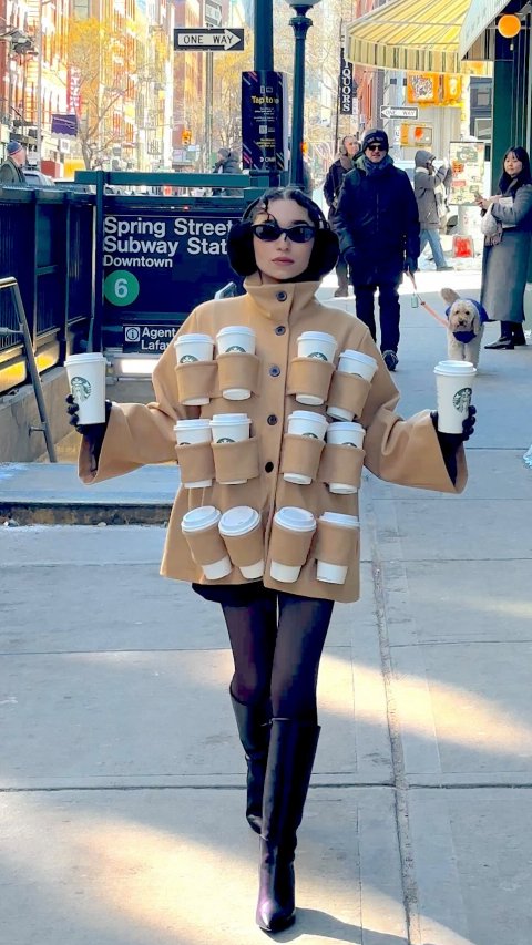 Adult, Person, Woman. Text: ONE WAY Spring Street Subway Stat Downtown 6 Agent Lafa