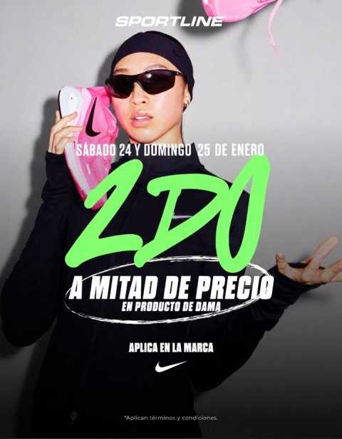 Advertisement, Poster, Sunglasses. Text: SPORTLINE ZDO SÁBADO 24 DOMINGO 25 ENERO Y DE A MITAD DE PRECIO EN PRODUCTO DE DAMA APLICA EN LA MARCA