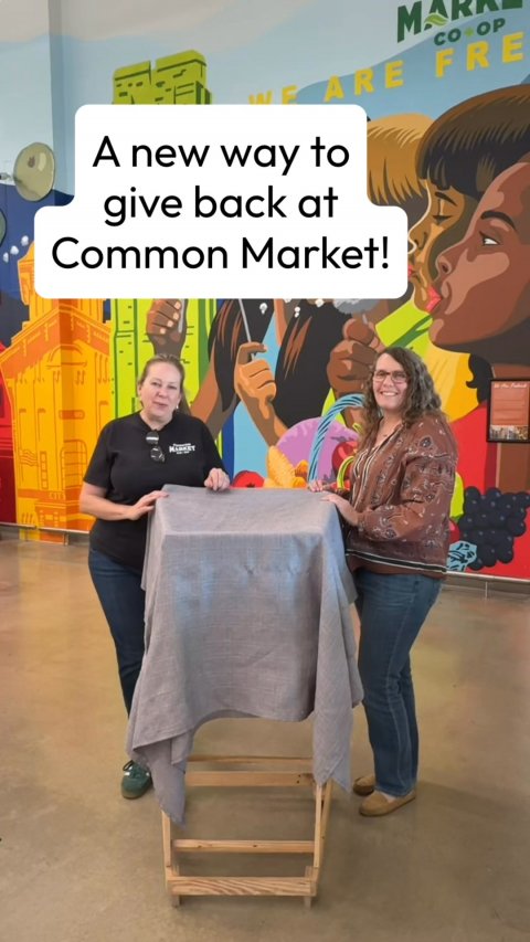 Person, Portrait, Pants. Text: A new way to give back at Common Market!