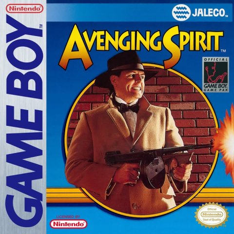 Firearm, Handgun, Person. Text: Nintendo JALECO™ AVENGING SPIRIT TM OFFICIAL GAME BOY. GAME PAK BOY Official Nintendo LICENSED BY Nintendo GAME TM