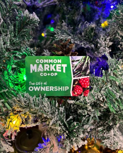 Christmas Decorations, Christmas Tree, Christmas Tree Ornaments. Text: COMMON MARKET CO+OP The Gift of OWNERSHIP