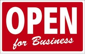 First Aid, Sign, Logo. Text: OPEN for Business