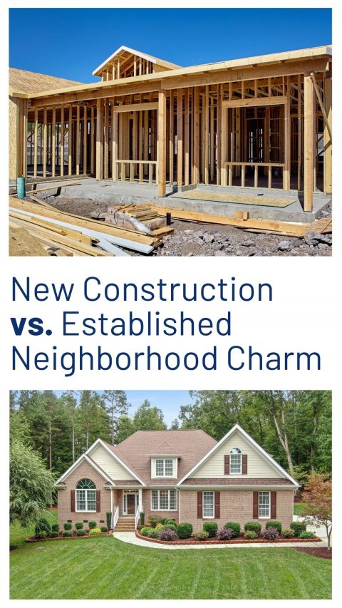 Porch, Wood, Grass. Text: New Construction vs. Established Neighborhood Charm