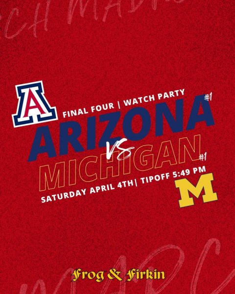 Book, Publication, Poster. Text: CH A FINAL FOUR I WATCH PARTY ARIZONA #1 SATURDAY APRIL 4TH| TIPOFF 5:49 PM M