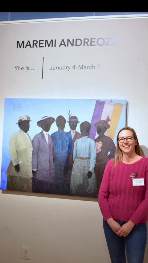 Pants, Person, Woman. Text: MAREMI ANDREOZZI She is... January 4-March 1