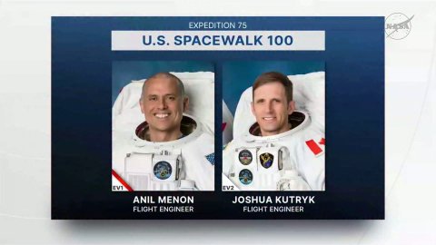 Baby, Person, Scoreboard. Text: EXPEDITION 75 U.S. SPACEWALK 100 EVT EV2 ANIL MENON JOSHUA KUTRYK FLIGHT ENGINEER FLIGHT ENGINEER