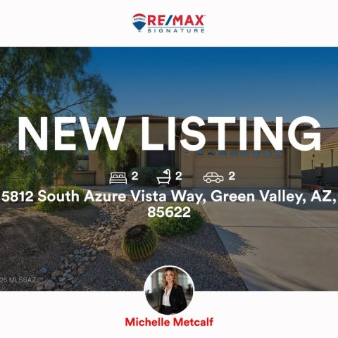 Road, Person, City. Text: RE/MAX SIGNATURE NEW LISTING 2 2 2 5812 South Azure Vista Way, Green Valley, AZ, 85622 26 MLSSAZ Michelle Metcalf