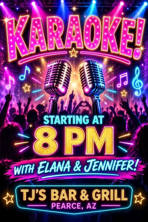 Lighting, Club, Urban. Text: STARTING AT 8 PM TJ'S BAR&amp;GRILL PEARCE, AZ