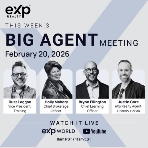 Advertisement, Poster, Person. Text: exp REALTY THIS WEEK'S BIG AGENT MEETING February 20, 2026 Russ Laggan Holly Mabery Bryon Ellington Justin Core Vice President, Chief Brokerage Chief Learning eXp Realty Agent Training Officer Officer Orlando, Florida WATCH IT LIVE exp WORLD YouTube