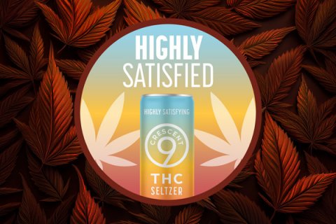 Can, Book, Disk. Text: HIGHLY SATISFIED HIGHLY SATISFYING CRESCENT 9 THC SELTZER