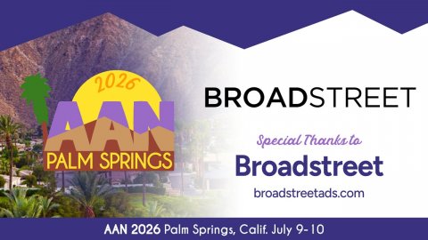 Advertisement, Poster, Hotel. Text: 2026 BROADSTREET AAN Special Thanks to PALM SPRINGS Broadstreet broadstreetads.com AAN 2026 Palm Springs, Calif. July 9-10