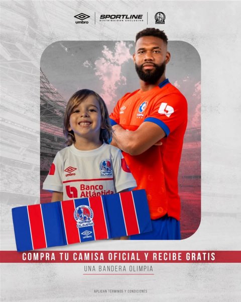 T-Shirt, Advertisement, Portrait. Text: SPORTLINE umbro umbro Banco Atlántida OLIMPIA COMPRA TU CAMISA OFICIAL Y RECIBE GRATIS UNA BANDERA OLIMPIA APLICAN TERMINOS Y CONDICIONES