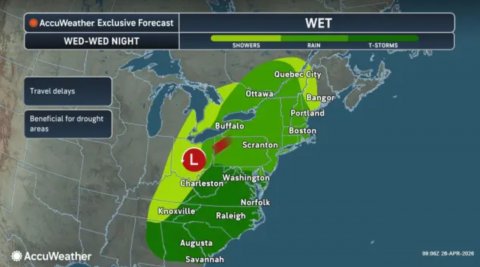Land, Sea, Rainforest. Text: AccuWeather Exclusive Forecast WET WED-WED NIGHT SHOWERS RAIN T-STORMS Quebec City Travel delays Ottawa Bangor Portland Beneficial for drought Buffalo areas Boston Scranton L Washington Charleston Norfolk Raleigh Augusta AccuWeather Savannah