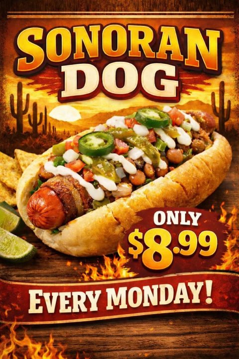Food, Hot Dog, Poster. Text: SONORAN DOG ONLY $8.99 EVERY MONDAY!