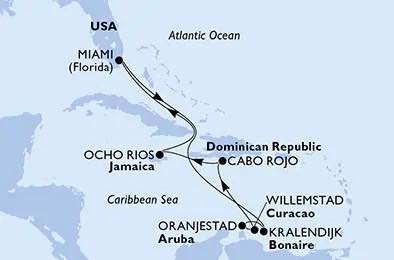 Plot, Map, White Board. Text: USA Atlantic Ocean MIAMI (Florida) Dominican Republic OCHO RIOS CABO ROJO Jamaica Caribbean Sea WILLEMSTAD Curacao ORANJESTAD KRALENDIJK Aruba Bonaire