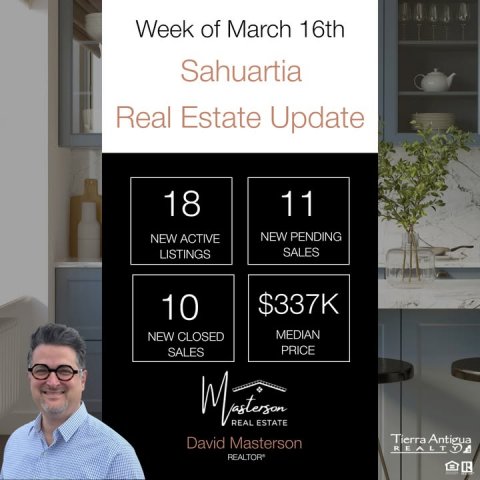Advertisement, Poster, Person. Text: Week of March 16th Sahuartia Real Estate Update 18 11 NEW PENDING NEW ACTIVE SALES LISTINGS $337K 10 MEDIAN NEW CLOSED PRICE SALES REAL ESTATE Tierra Antigua David Masterson REALT Y