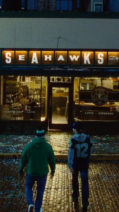 Walking, Urban, City. Text: S E A H A S COFFEE TEA SPICES CAFFE LATTE ESPRESSO 12