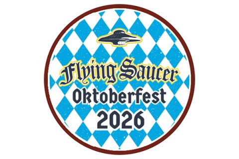 Sticker, Logo, Badge. Text: Flying Saucer Oktoberfest 2026