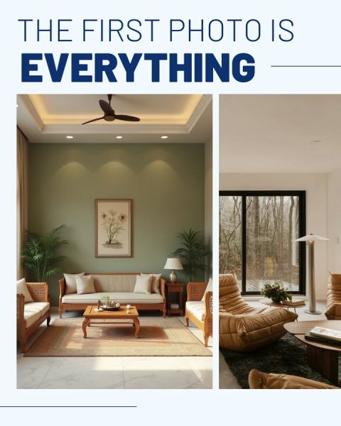 Ceiling Fan, Table, Living Room. Text: THE FIRST PHOTOIS EVERYTHING