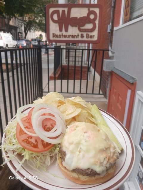 Burger, Food Presentation, Plate. Text: Restaurent &amp; Bar Galaxy A15 5G